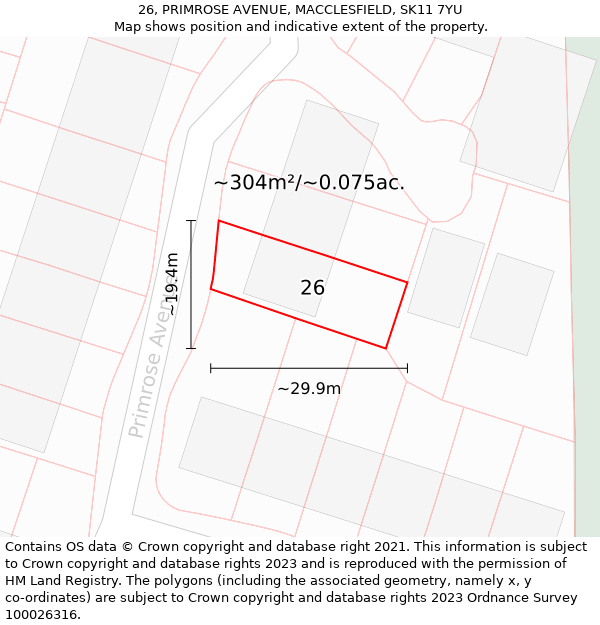 26, PRIMROSE AVENUE, MACCLESFIELD, SK11 7YU: Plot and title map