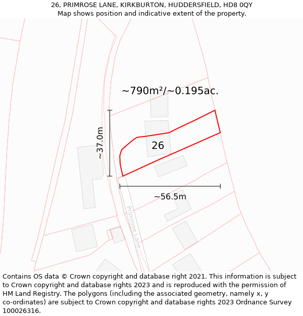 26, PRIMROSE LANE, KIRKBURTON, HUDDERSFIELD, HD8 0QY: Plot and title map