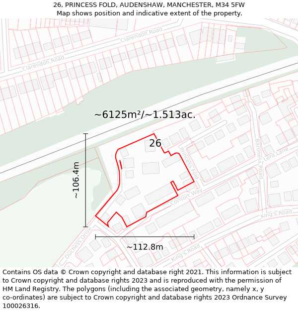 26, PRINCESS FOLD, AUDENSHAW, MANCHESTER, M34 5FW: Plot and title map