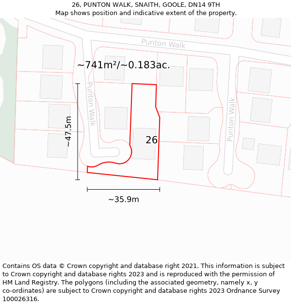 26, PUNTON WALK, SNAITH, GOOLE, DN14 9TH: Plot and title map