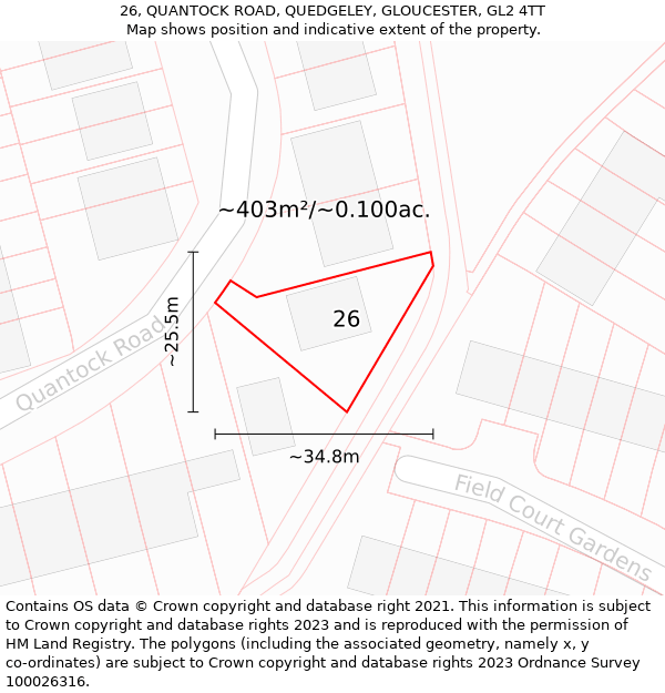 26, QUANTOCK ROAD, QUEDGELEY, GLOUCESTER, GL2 4TT: Plot and title map