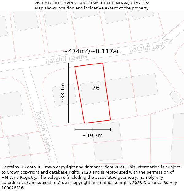 26, RATCLIFF LAWNS, SOUTHAM, CHELTENHAM, GL52 3PA: Plot and title map