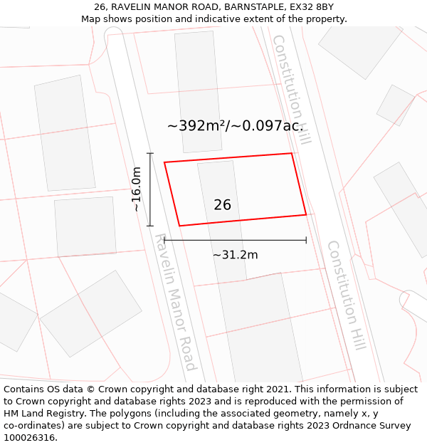 26, RAVELIN MANOR ROAD, BARNSTAPLE, EX32 8BY: Plot and title map