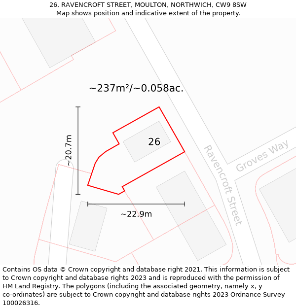 26, RAVENCROFT STREET, MOULTON, NORTHWICH, CW9 8SW: Plot and title map