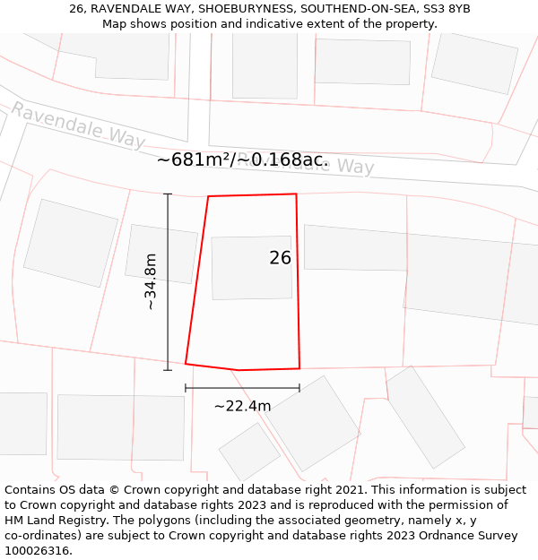 26, RAVENDALE WAY, SHOEBURYNESS, SOUTHEND-ON-SEA, SS3 8YB: Plot and title map