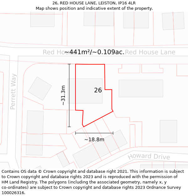 26, RED HOUSE LANE, LEISTON, IP16 4LR: Plot and title map