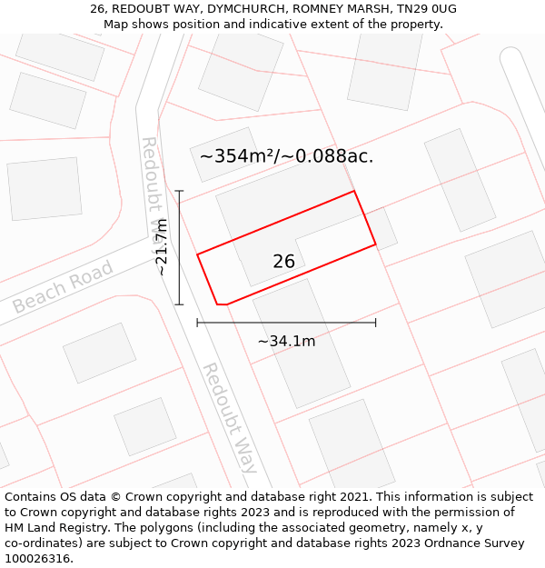 26, REDOUBT WAY, DYMCHURCH, ROMNEY MARSH, TN29 0UG: Plot and title map