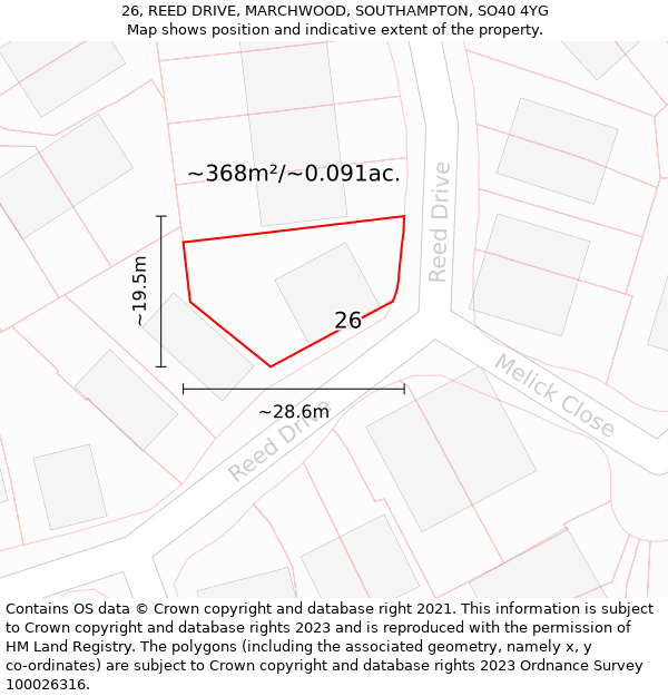 26, REED DRIVE, MARCHWOOD, SOUTHAMPTON, SO40 4YG: Plot and title map