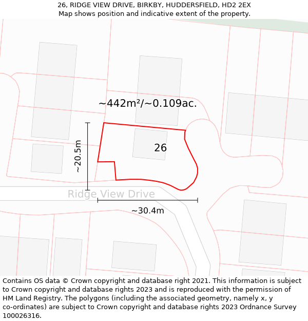 26, RIDGE VIEW DRIVE, BIRKBY, HUDDERSFIELD, HD2 2EX: Plot and title map