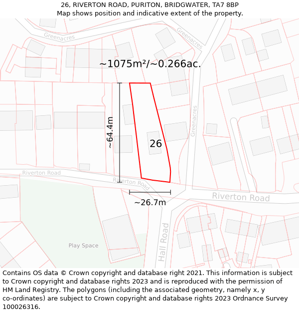 26, RIVERTON ROAD, PURITON, BRIDGWATER, TA7 8BP: Plot and title map