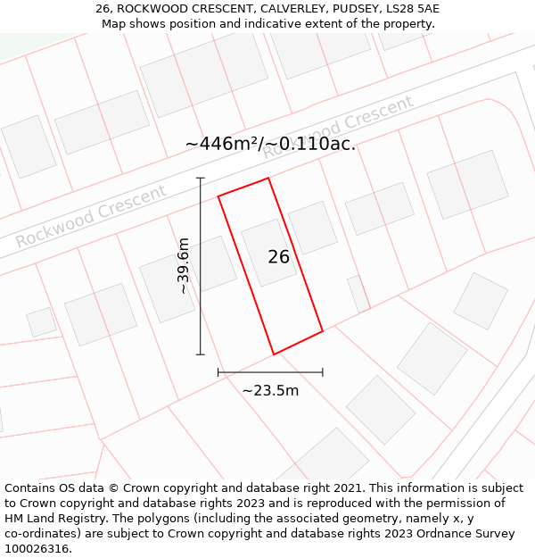 26, ROCKWOOD CRESCENT, CALVERLEY, PUDSEY, LS28 5AE: Plot and title map