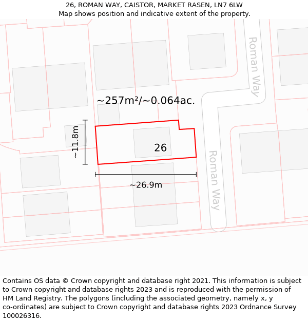 26, ROMAN WAY, CAISTOR, MARKET RASEN, LN7 6LW: Plot and title map