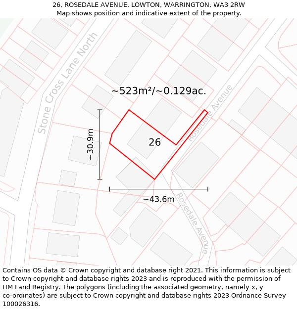 26, ROSEDALE AVENUE, LOWTON, WARRINGTON, WA3 2RW: Plot and title map