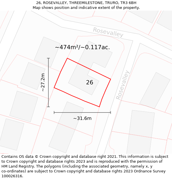 26, ROSEVALLEY, THREEMILESTONE, TRURO, TR3 6BH: Plot and title map