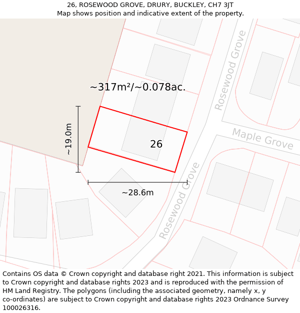 26, ROSEWOOD GROVE, DRURY, BUCKLEY, CH7 3JT: Plot and title map