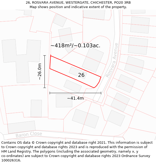 26, ROSVARA AVENUE, WESTERGATE, CHICHESTER, PO20 3RB: Plot and title map