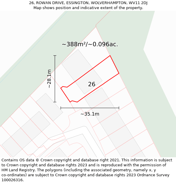 26, ROWAN DRIVE, ESSINGTON, WOLVERHAMPTON, WV11 2DJ: Plot and title map