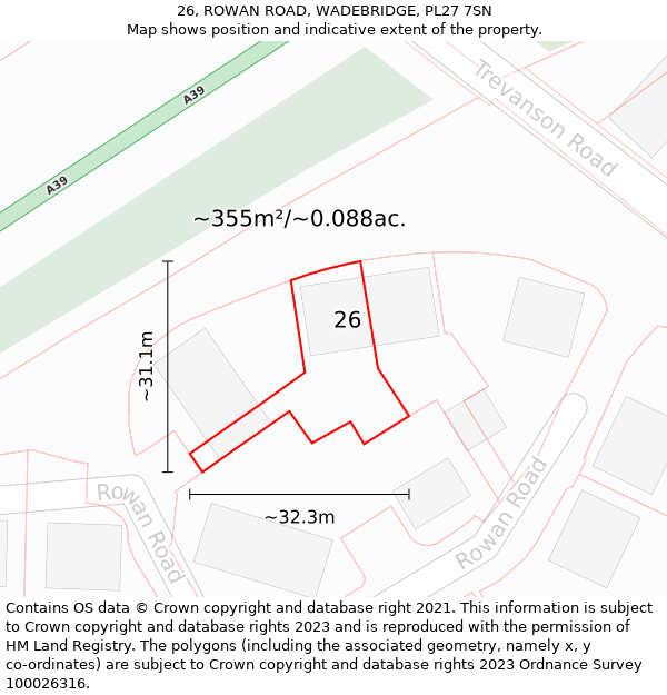 26, ROWAN ROAD, WADEBRIDGE, PL27 7SN: Plot and title map