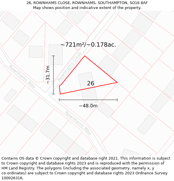 26, ROWNHAMS CLOSE, ROWNHAMS, SOUTHAMPTON, SO16 8AF: Plot and title map