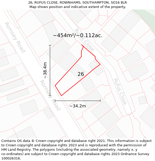 26, RUFUS CLOSE, ROWNHAMS, SOUTHAMPTON, SO16 8LR: Plot and title map