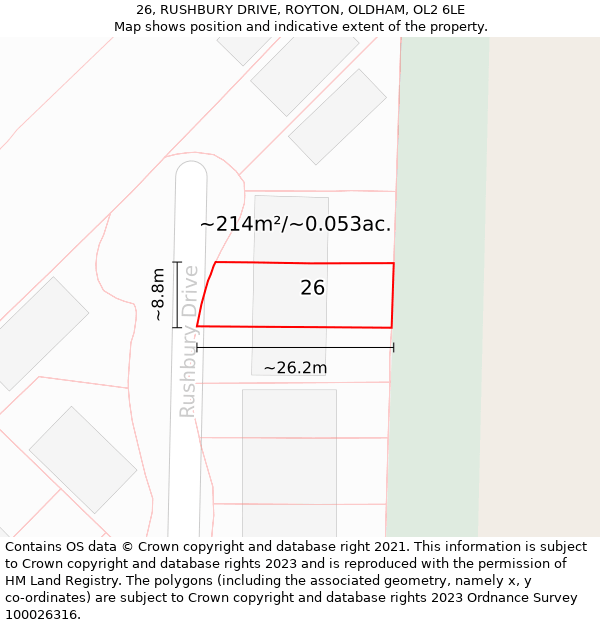 26, RUSHBURY DRIVE, ROYTON, OLDHAM, OL2 6LE: Plot and title map