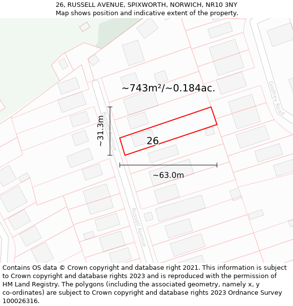 26, RUSSELL AVENUE, SPIXWORTH, NORWICH, NR10 3NY: Plot and title map