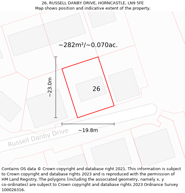 26, RUSSELL DANBY DRIVE, HORNCASTLE, LN9 5FE: Plot and title map