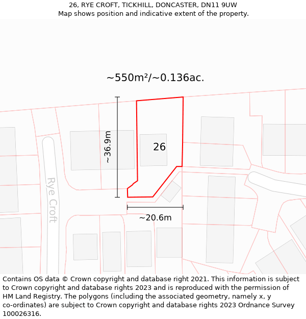 26, RYE CROFT, TICKHILL, DONCASTER, DN11 9UW: Plot and title map