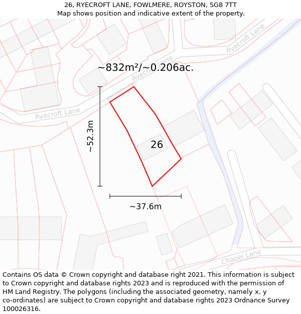 26, RYECROFT LANE, FOWLMERE, ROYSTON, SG8 7TT: Plot and title map