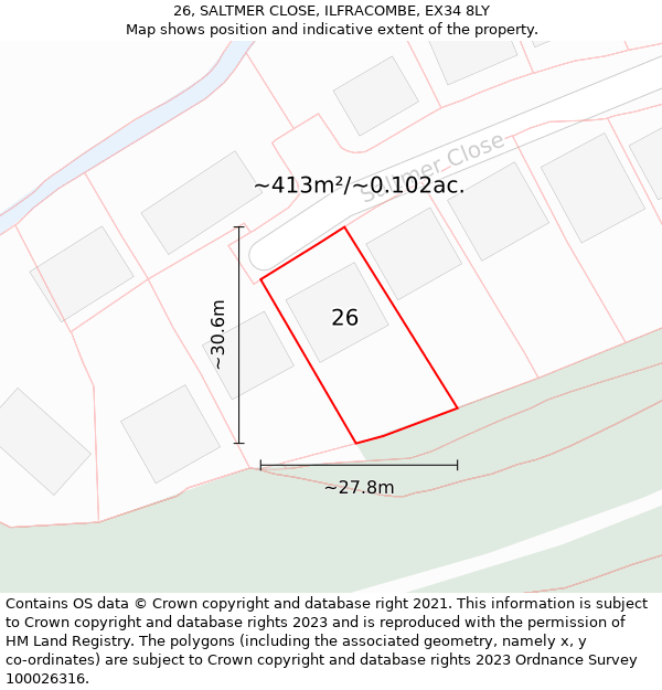 26, SALTMER CLOSE, ILFRACOMBE, EX34 8LY: Plot and title map