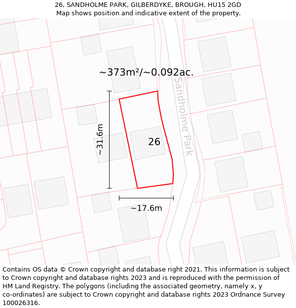 26, SANDHOLME PARK, GILBERDYKE, BROUGH, HU15 2GD: Plot and title map