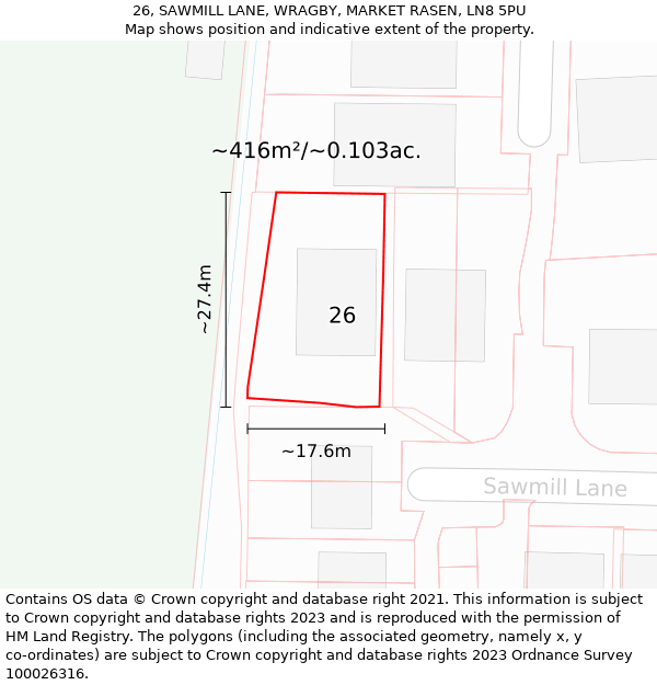 26, SAWMILL LANE, WRAGBY, MARKET RASEN, LN8 5PU: Plot and title map