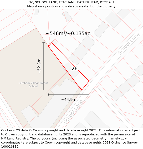 26, SCHOOL LANE, FETCHAM, LEATHERHEAD, KT22 9JU: Plot and title map