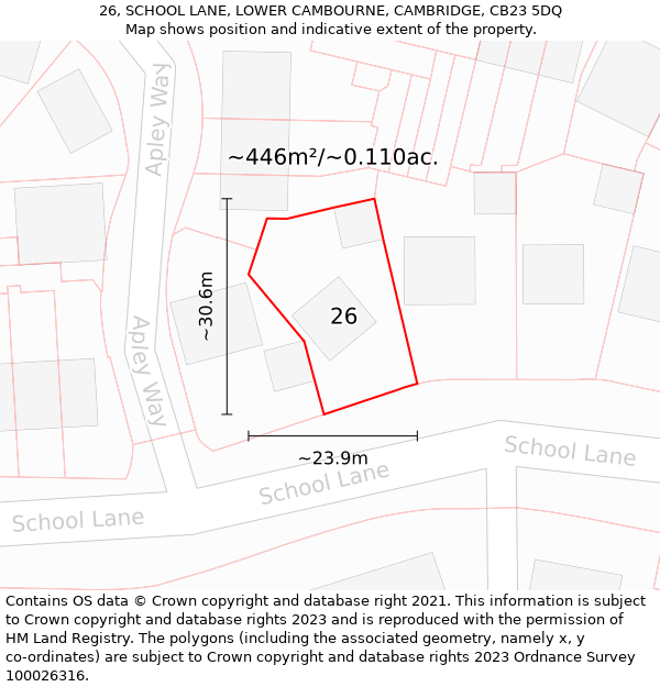 26, SCHOOL LANE, LOWER CAMBOURNE, CAMBRIDGE, CB23 5DQ: Plot and title map