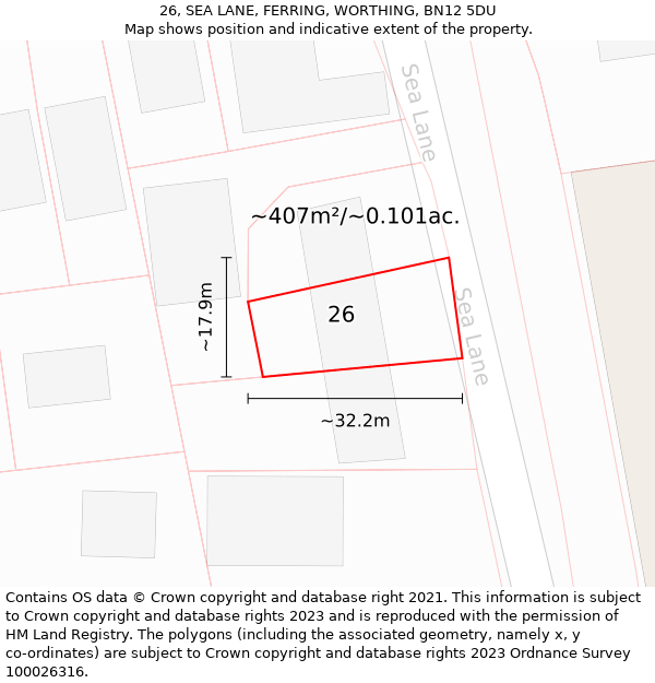 26, SEA LANE, FERRING, WORTHING, BN12 5DU: Plot and title map