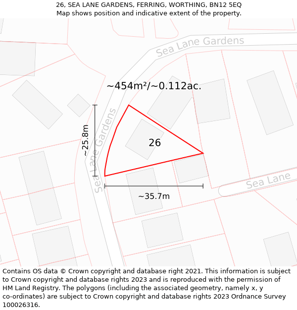 26, SEA LANE GARDENS, FERRING, WORTHING, BN12 5EQ: Plot and title map