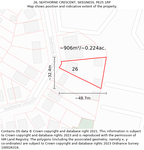 26, SEATHORNE CRESCENT, SKEGNESS, PE25 1RP: Plot and title map