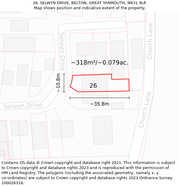 26, SELWYN DRIVE, BELTON, GREAT YARMOUTH, NR31 9LR: Plot and title map