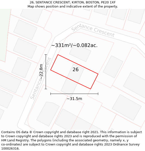 26, SENTANCE CRESCENT, KIRTON, BOSTON, PE20 1XF: Plot and title map