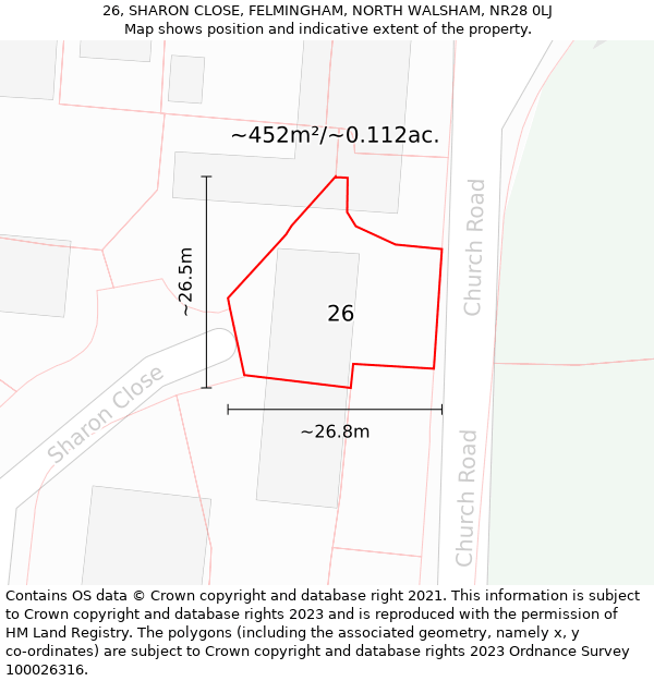 26, SHARON CLOSE, FELMINGHAM, NORTH WALSHAM, NR28 0LJ: Plot and title map