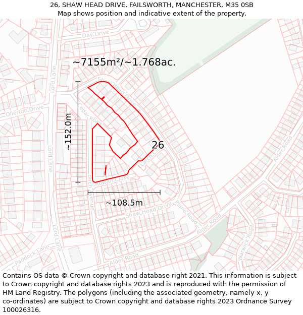 26, SHAW HEAD DRIVE, FAILSWORTH, MANCHESTER, M35 0SB: Plot and title map