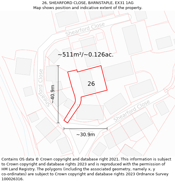 26, SHEARFORD CLOSE, BARNSTAPLE, EX31 1AG: Plot and title map