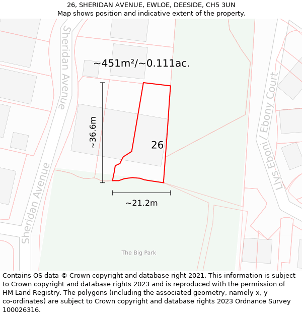 26, SHERIDAN AVENUE, EWLOE, DEESIDE, CH5 3UN: Plot and title map