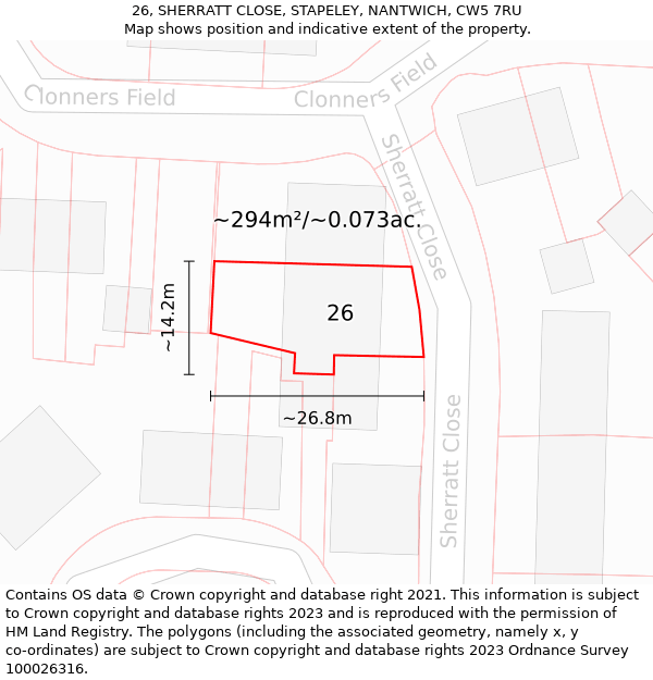 26, SHERRATT CLOSE, STAPELEY, NANTWICH, CW5 7RU: Plot and title map