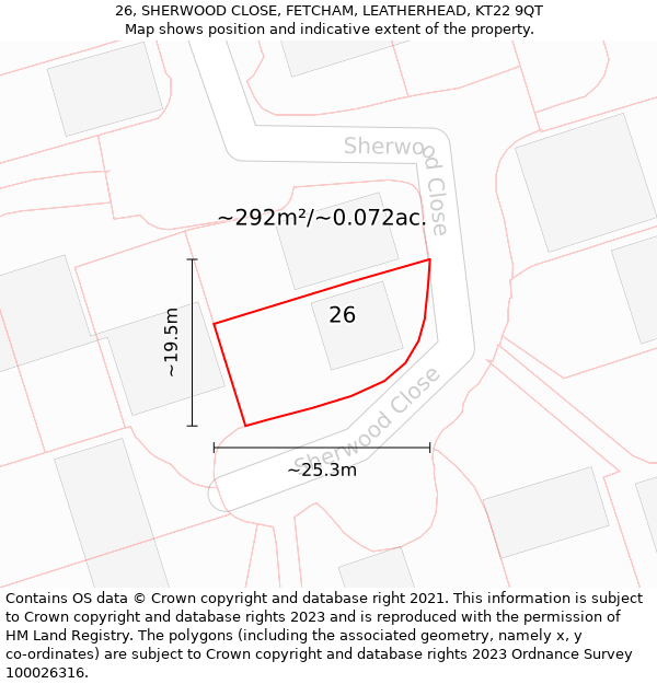 26, SHERWOOD CLOSE, FETCHAM, LEATHERHEAD, KT22 9QT: Plot and title map