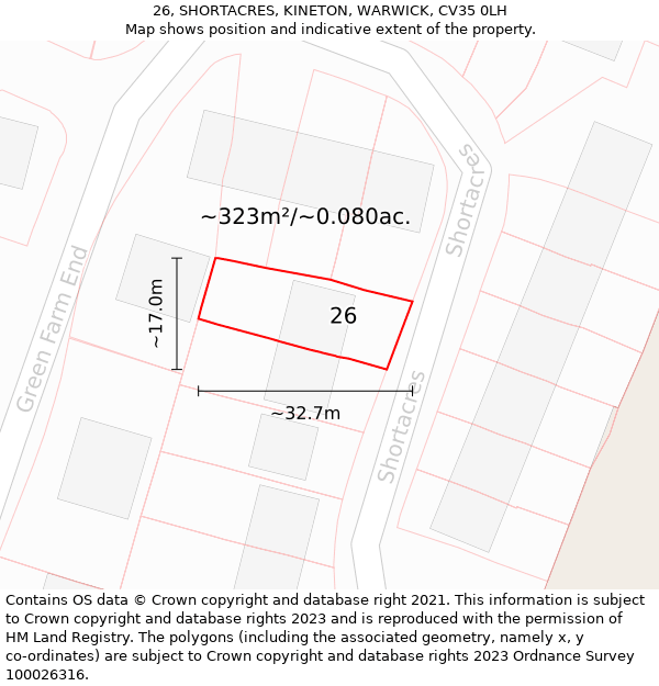 26, SHORTACRES, KINETON, WARWICK, CV35 0LH: Plot and title map