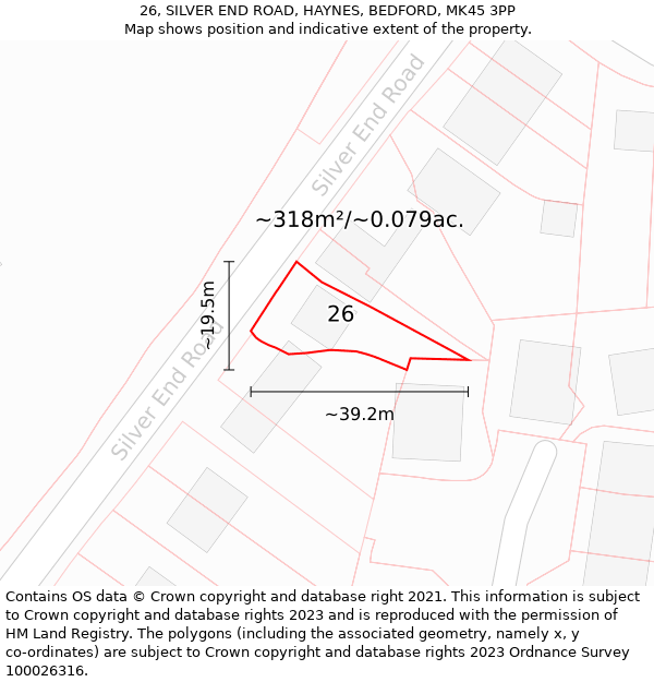 26, SILVER END ROAD, HAYNES, BEDFORD, MK45 3PP: Plot and title map