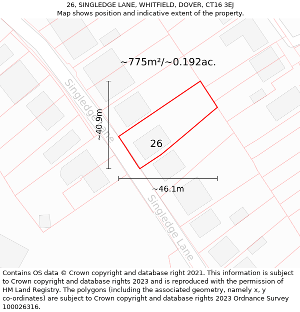 26, SINGLEDGE LANE, WHITFIELD, DOVER, CT16 3EJ: Plot and title map