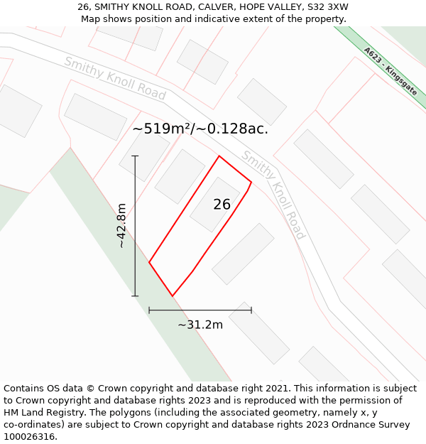 26, SMITHY KNOLL ROAD, CALVER, HOPE VALLEY, S32 3XW: Plot and title map