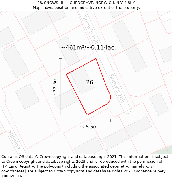 26, SNOWS HILL, CHEDGRAVE, NORWICH, NR14 6HY: Plot and title map